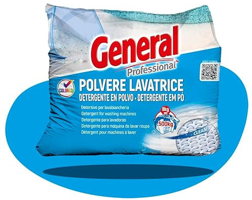 General Professional Detersivo Lavatrice Polvere e Lavaggio a Mano - 8Kg - Detergente in Polvere Senza Fosfati, Alta Efficacia Tessuti Bianchi e Colorati, Attivo a Basse Temperature