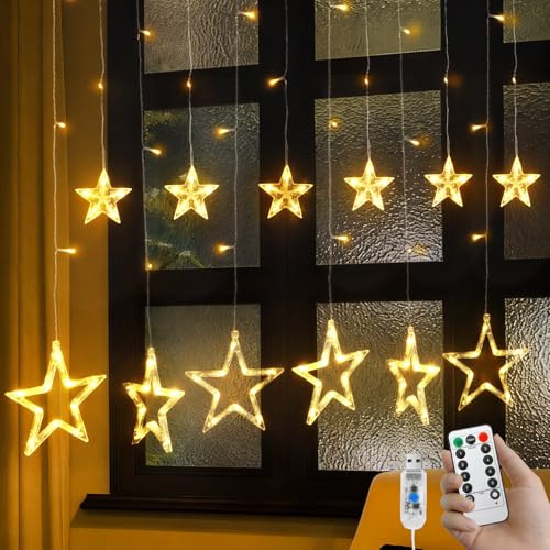 CNMTCCO Star Fairy Lights with Remote Control and USB, 120 LED Curtain Lights 3.5 x 1m with 12 Stars, Indoor Christmas Lights with Timer – Window Decoration for Christmas, Wedding, Party