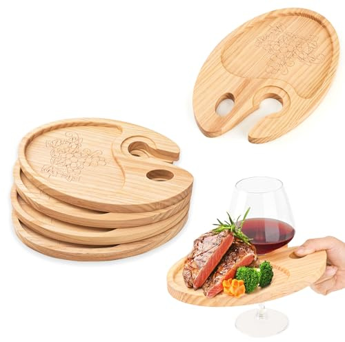 MGYHWJA 4 Pcs Appetizer Plates with Wine Glass Holder, Mini Charcuterie Boards for Party, Cheese Board for Picnic, Birthday, Family Gatherings (4)