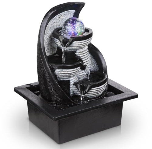 bmf-versand® Tischbrunnen mit RGB und rotierende Glaskugel – hübsche Dekoleuchte mit RGB LED – Zimmerbrunnen mit Leuchtfunktion Pumpe Grau Kugel 4 Stufen