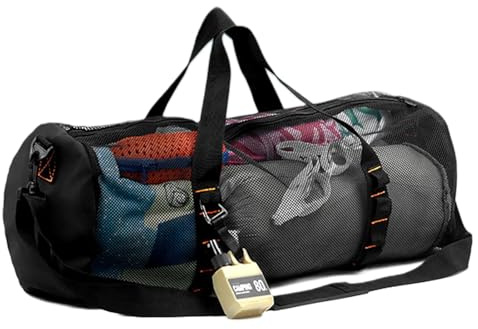 Duffelväska i nät – andningsbar sportväska med axelrem, stor kapacitet rese gymväska | Cylindrisk nätdesign dykväska duffel för, fitness, camping, hållbara förvaringslösning, Svart