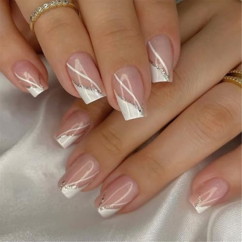 Lot de 24 faux ongles carrés courts en acrylique à coller sur les ongles brillants French Tip Manucure Décoration d'ongles pour femme