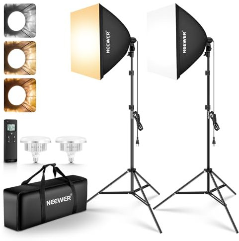 NEEWER Paquete de 2 24x24 Iluminación Softbox Kit con Soportes Trípode, 45W Bicolor 2,4G Bombillas LED, 10 Canales 2900K-7000K 1400lx/m CRI95, 66'/20m Control Remoto, Iluminación Foto Kit, NK103