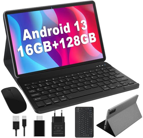 Dghrti Android Tablet 10 Pollici Android 16GB RAM+128GB ROM(1TB TF) UFS, 8-Core 2.0GHz, Widevine L1, WiFi 5G,BT 5.0, GPS, 13+5MP, Batteria 8000mAh, Corpo in Metallo, Tablet con Custodia, Grigio