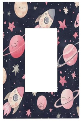 Mexpekil Pink Rockets Planets Light Switch Cover, 1 Gang Single Rocker Wall Plates, Decorative Outlet Covers Switchplate for Home Office