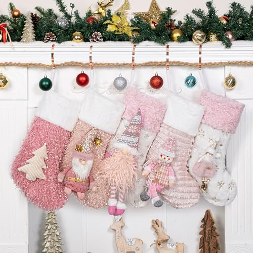 Beyond Your Thoughts Nikolausstrumpf Weihnachtsstrumpf zum Befüllen & Aufhängen, rosa Weihnachtsdekoration für Kamin, Weihnachtsbaum, Wand, Treppe,Rot und Schwarz, 5er Set
