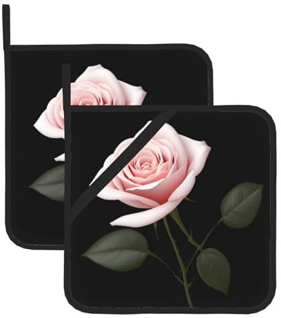 WHJWZY Set di 2 presine da cucina resistenti al calore e durevoli, con corda da appendere, motivo romantico con rose rosa