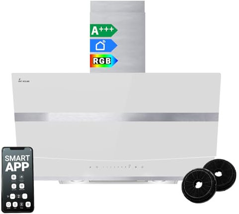 Cappa aspirante 80 cm | Cappa Cucina Inclinata | acciaio inossidabile | vetro bianco | WiFi | auto spegnimento | Illuminazione LED RGBW | Operazione di tocco | HERMES8005WM