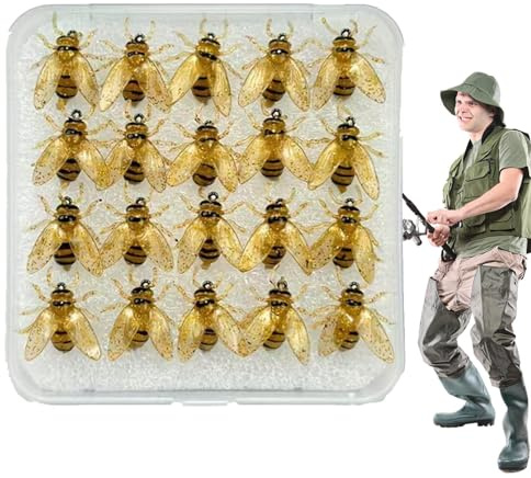 Señuelo de pesca con mosca, 20 señuelos de pesca en forma de abejas – Cebos realistas con carcasa para lagos ríos estanques mar – Bar atún lucio trucha