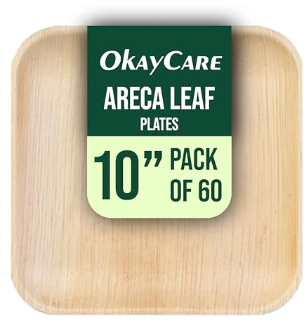 OkayCare - Areca Leaf Disposable Square Plates - Microwave & Oven Safe | for Party, Events & Gathering | Compostable, Biodegradable &Eco-Friendly - (60, 25cm / 10 Square)