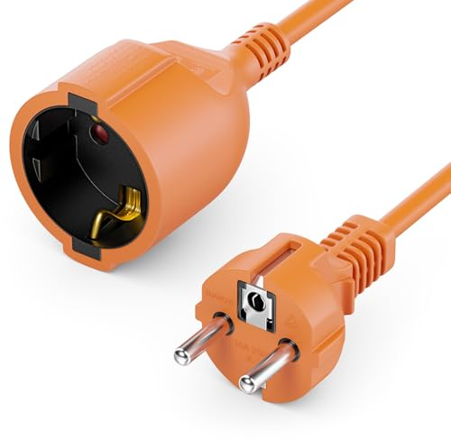 deleyCON 15m Cavo di Prolunga Elettrica con Spina Tipo F (CEE 7/7) a Presa Tipo F (CEE 7/3), Protezione Contro i Contatti, per TV, PC, Proiettore - Arancia