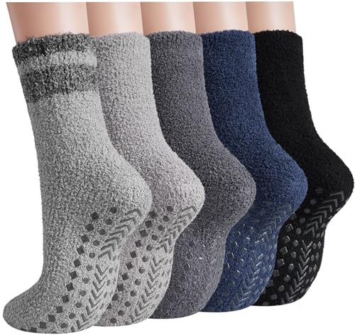 floconssy Fuzzy Socks Men with Grips, Cozy Fluffy Slipper Socks Non Slip Winter Warm Soft for Hospital Sleep Home Non Slip Thick Plush Footies 5 Pairs Grey Blue Black