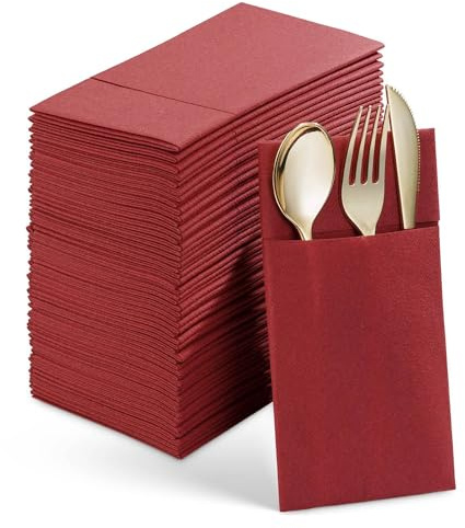 Asyduey 50 Pièces Serviettes de Table Jetables avec Poche à Couverts Intégrée, Tissu Pré-Plié comme des Serviettes en Papier pour Fête de Mariage Rouge Facile à Utiliser Environ 40x40 cm