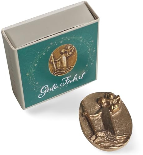 Herzmensch Kleiner Christophorus 3 x 4 cm Massive Bronze Gold mit Klebepunkt zur Aufkleben im Auto, Motorrad, Fahrrad oder für die Geldbörse