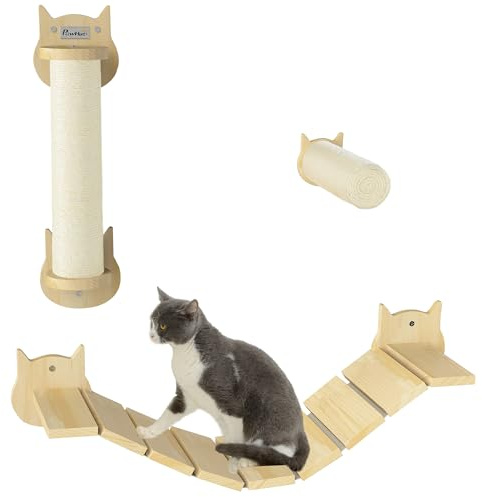 PawHut Kletterwand Katzen, 3-teilig Wandkratzbaum mit Trittplatte, Leiter, Kratzbaum, Stabiles Kletterwand Set für Katzen bis 5 kg, Naturholz