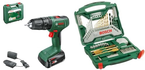 Trapano a percussione a batteria Bosch EasyImpact 18V-38 (1x batteria da 2,5 Ah; sistema da 18 Volt; in custodia) + Accessori Set trapano e cacciavite Bosch X-Line Titanium da 70 pezzi