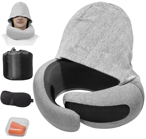 ORHOMELIFE Nackenkissen Flugzeug mit Kapuze, Ohrstöpsel Flugzeug, Schlafmaske und Aufbewahrungstasche – Ergonomisches Reisekissen aus Memory-Schaum für Langstreckenflug, Autokissen, 360°Support