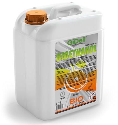 GiDeli Bioetanol 10 l de aroma a naranja, 96,6% etanol, para chimeneas interiores y exteriores, sin humo ni hollín, de maíz y remolacha azucarera