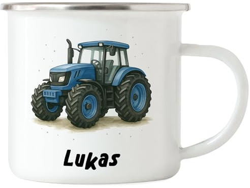 Kiddle-Design Kindertasse Trecker mit Namen, Namenstasse Traktor Kinder Jungen Kindergarten, Kinderbecher mit Namen Geschenkidee Geburtstag Einschulung Jungs, Tasse Weiß
