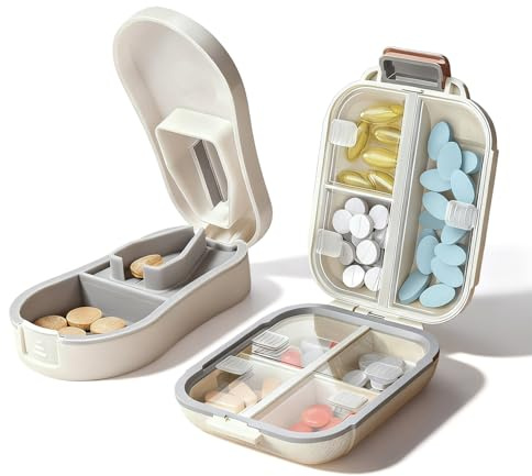 Pilulier 7 Jours avec Coupe-Comprimés, Boîte à Pilules de Voyage Portable, Organisateur de Médicaments Hebdomadaire sans BPA avec Étui Compact pour Vitamines (Blanc, Petit)