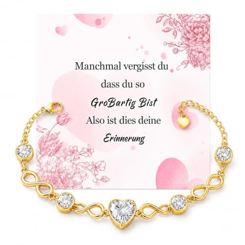 Armband Damen Silber Gold Infinity Herz - Bracelet mit Infinity Herzform Zirkonia Charms, 14K Vergoldet Runder Unendlichkeit Armkette Verstellbar, Kleines Geschenk für Frauen Geburtstag Jahrestag
