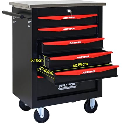 Boîte à outils à rouler avec tiroirs, Armoire de stockage d'outils en acier avec poignée, Roues verrouillables, Boîte d'organisateur d'outils pour atelier de garage (noir rouge,6 Tiroir)