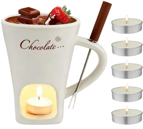 Schokoladenfondue Tasse mit Gabeln, 200Ml Keramik Schokoladenfondue Tasse, Schokoladenschmelz becher, Fondue mit 6 Teelicht erhitzt, Wärmebecher für Süßigkeiten-Snack-Karamell-Party (Weiß)
