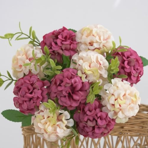 10 ortensie artificiali, 33 cm, fiori finti in seta, per decorazione di matrimoni, bouquet realistico con design realistico, decorazione per casa e giardino (rosa rossa)