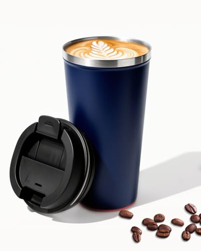 BUTKKXY 500 ml reseglas med lock, läckagesäker vakuumisolerad med dubbla väggar i rostfritt stål för varma och kalla drycker, marinblå