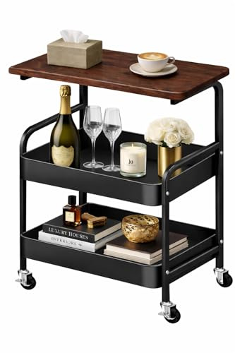 Genérico Carrito de Almacenamiento con Ruedas de 3 Niveles, Mesa Auxiliar de Metal para Cocina, Salón y Baño, Estructura Estable, 40x29x77 cm, Negro