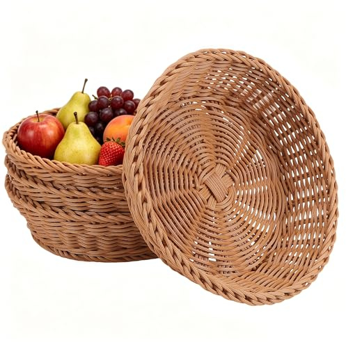 CHIHEUNG 4PCS Wicker Bread Basket, Round Woven Baskets, Stackable Plastic Food Baskets for Kitchen, Restaurant, Outdoor Party and Retail Shop