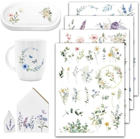 4 Blätter Rub On Sticker Blumen Eukalyptusblätter Folie Transferaufkleber mit Eukalyptus Pflanze Blumenkranz Rub Ons Sticker zum Basteln und Dekorieren für Scrapbooking Möbel Glas Holz Keramik