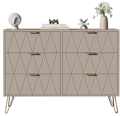 UEV Byrå med 6 lådor, byrå med mönster linje 100 x 34 x 73 cm, beige mocca | Rymdbesparande byrå för sovrum vardagsrum