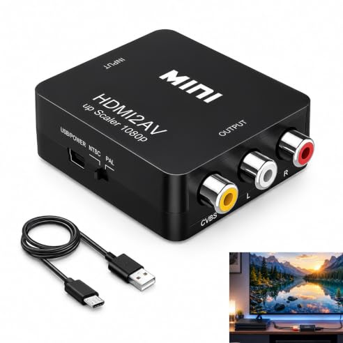 Adaptateur HDMI vers RCA AV, Convertisseur HDMI vers RCA Composite CVBS Vidéo Audio 720p/1080p, Support PAL/NTSC pour Xbox 360 One PS3 PS4 PS5 DVD Android TV Box Fire Stick Roku Projecteur Moniteur