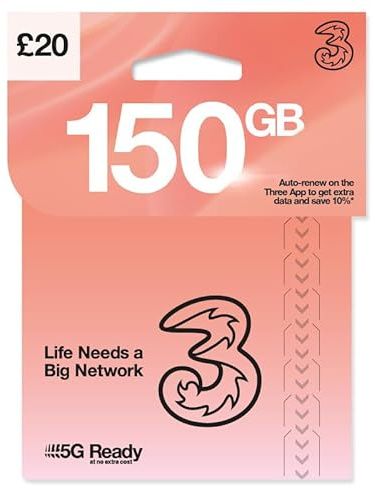 THREE 4G/5G SIM Card UK & ROAM FREE in over 70 destinations - PREPAID PAYG £20 Bundle - 150GB + (50GB FREE DATA) Unltd Texts & Mins - ROAMING ALLOWANCE 18GB