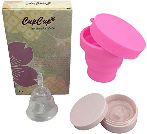 Coppetta mestruale pieghevole (x2) brevettata e certificata da CE. Morbida ed elastica. Con sterilizzatore pieghevole e scatola di trasporto. Trasparente. Silicone medico ipoallergenico