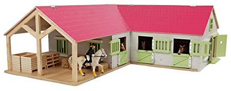 Kids Globe Farming Riding Farm Pink Farm Horse Stable Wooden 1:24 with 3 Boxes Toy Horse Farm with Practical Folding Roof, for All Standard Animal Figures 610210