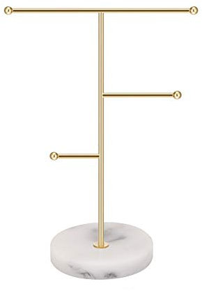 Jodsen Jewelry Organizer,Metal T-Bar Necklace Display Stand Earrings Holder for Home, Hanging Pendant Rack with Marble Pattern Round Tray for Bracelets Rings Watches (A-Gold)