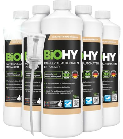 BiOHY Helautomatisk avkalkare för kaffemaskin (6 x 1l flaska) + doser | Idealisk för avkalkning av alla kaffe- och espressomaskiner | Passar alla välkända märken (Kaffee Entkalker)