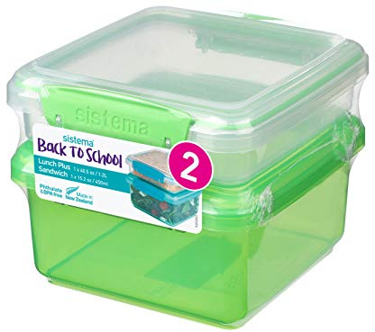 Sistema 16542 Pack of 2 to Go Polypropylene Assorted Colours Square Shape, 1.2 Litre Set and 1 Container 450 ml
