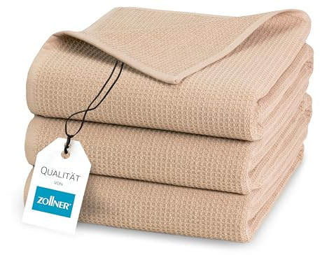 ZOLLNER 3er Set Duschtücher in 70x140 cm - langlebige Handtücher in beige - mit praktischem Aufhänger - Zeitloses Waffelmuster - waschbar bis 95°C - Baumwolle - Hotelqualität