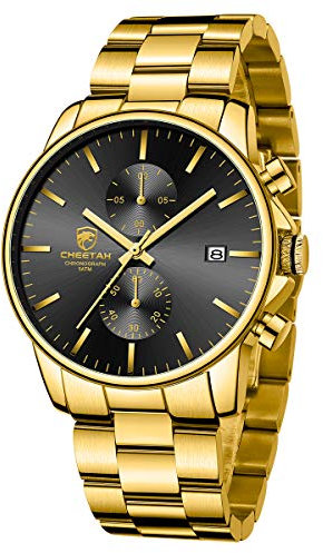 Affute Herrenuhr mit Edelstahl und Metall Casual Chronograph Quarz wasserdichte Uhr (Gold-Schwarz)