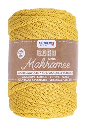 GLOREX 5 1006 17 - Makramee Cord, 500 g, 5 mm, Länge 85 m, senfgelb, rundgestricktes Textilgarn aus 60 % Baumwolle, 40 % Viskose und Polyester, zum Häkeln, Stricken, Knüpfen und Gestalten