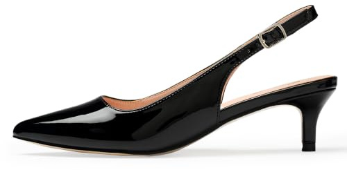 GENSHUO Dam kattunge klackskor med spetsig tå slingback court skor eleganta låga klackar för bröllop aftonklänning, Svart patent, 40 EU