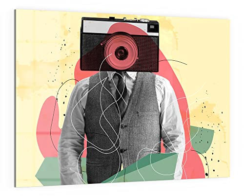 DEQORI Glas-Magnettafel | 120x90 cm groß | Motiv Mann mit Kamerakopf | Memo-Board aus Glas | Magnetboard inkl. Magnete, Stift & Tuch für Küche & Büro | Tafel magnetisch & beschreibbar