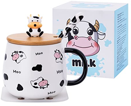 SHENDONG Süße Kuh-Kaffeetasse mit schönem Deckel, Kawaii-Untersetzer und Löffel, Geschenk, Keramik-Tee-/Kaffeetasse, Kawaii, lustige 3D-Tier-Kuh-Tasse, Geburtstagsgeschenk für Frauen