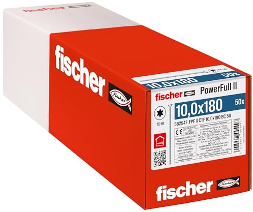 fischer PowerFull II 10,0 x 180, Premium Vollgewindeschraube (50 Stk.) mit innovativer Spitzengeometrie, Stahlschraube für tragende Holzkonstruktionen mit Senkkopf, vermindert Spaltrisiko