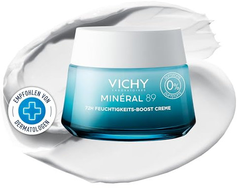 Vichy Minéral 89, Crema Booster Idratante 72H, Per Pelli Secche e Sensibili, Effetto Riequilibrante, Rughe Levigate, Con Acido Ialuronico, Vitamine B3 ed E, Squalano e Niacinamide, 50 ml