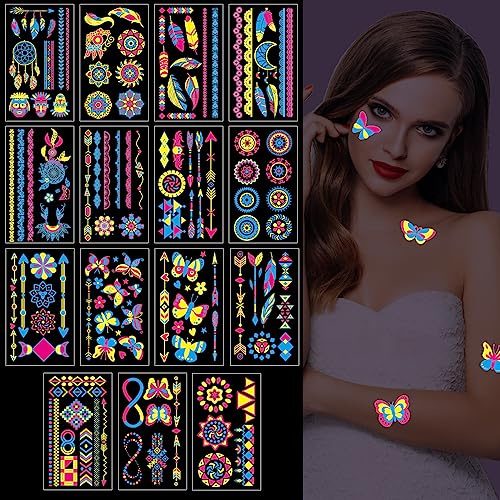 SPOKKI 15 Blätt Festival Tattoos, Wasserdicht Temporäre Tattoos, UV Painting Tattoo Aufkleber für Frauen Männer Body Art, Glitzer Tattoos Aufkleber Neon Party Festival Zubehör Must Haves