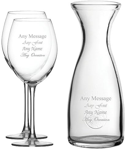 Personalised Engraved Set of 2 Enoteca Wine Glass and 1 Litre Carafe Set, Customise with Any Message for Any Occasion, Stylize from a Variety of Fonts, Gift Boxes Included, Laser Engraved